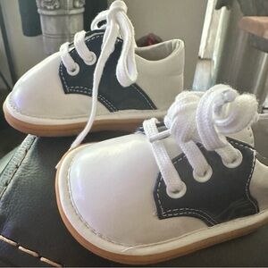 White and Navy Baby Lace-Up Walker Shoes